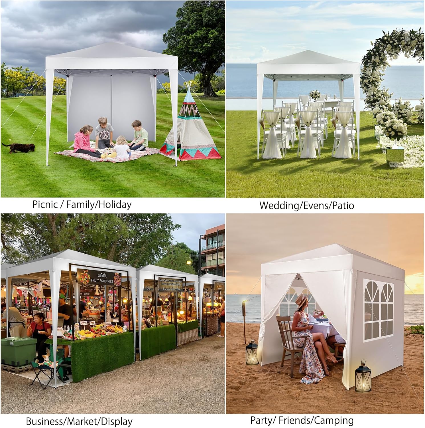 6.5x6.5 Pop Up Canopy Tent with Sidewalls, 3 Height Adjustable Beach Tent with Carrying Bag, 8 Stakes & 4 Ropes, Easy Set Up Gazebo for Events, Party, Wedding (6.5x6.5FT White with 4Sidewalls)