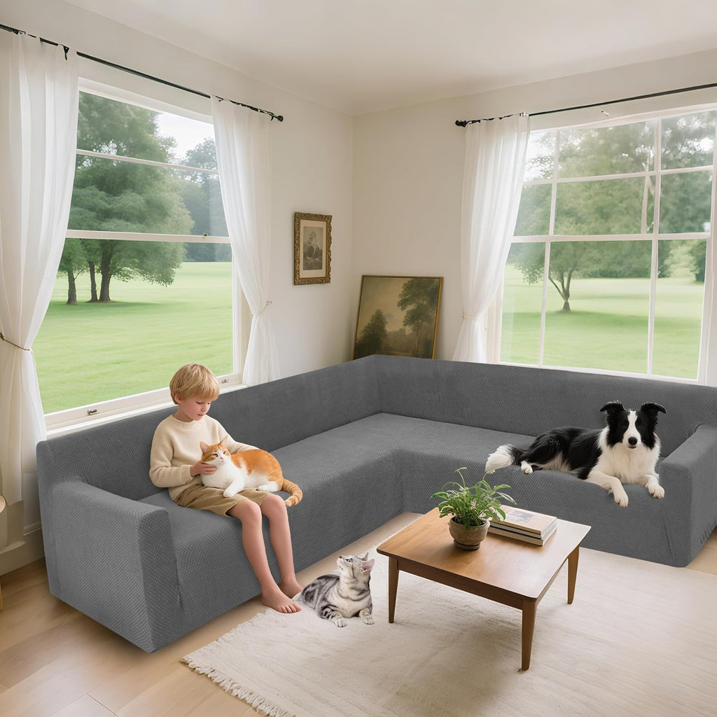 Arfntevss Stretch Sectional Couch Covers L Shaped Corner Sectional Sofa Cover Washable Jacquard Soft Fleece U Shape Sofa Slipcovers Anti Slip Furniture Protector for Dogs Pets (Large, Gray)
