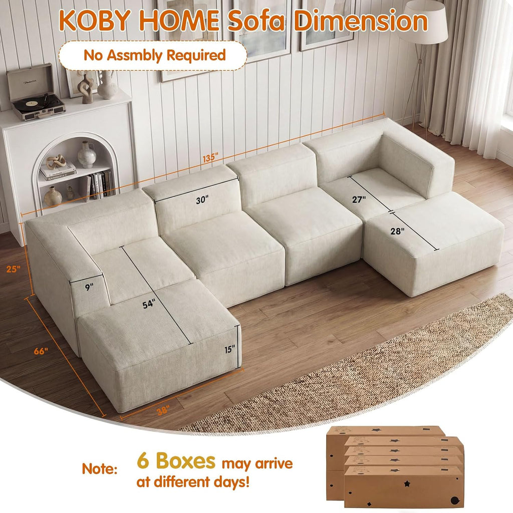 136' 6-Piece Sectional Sofa Modular Couches,L-U-Shaped with Chaise,for Living Room,Compressed Foam No Assembly,for Living Room (2xArmless Corner Ottoman) Fabric Chenille Beige