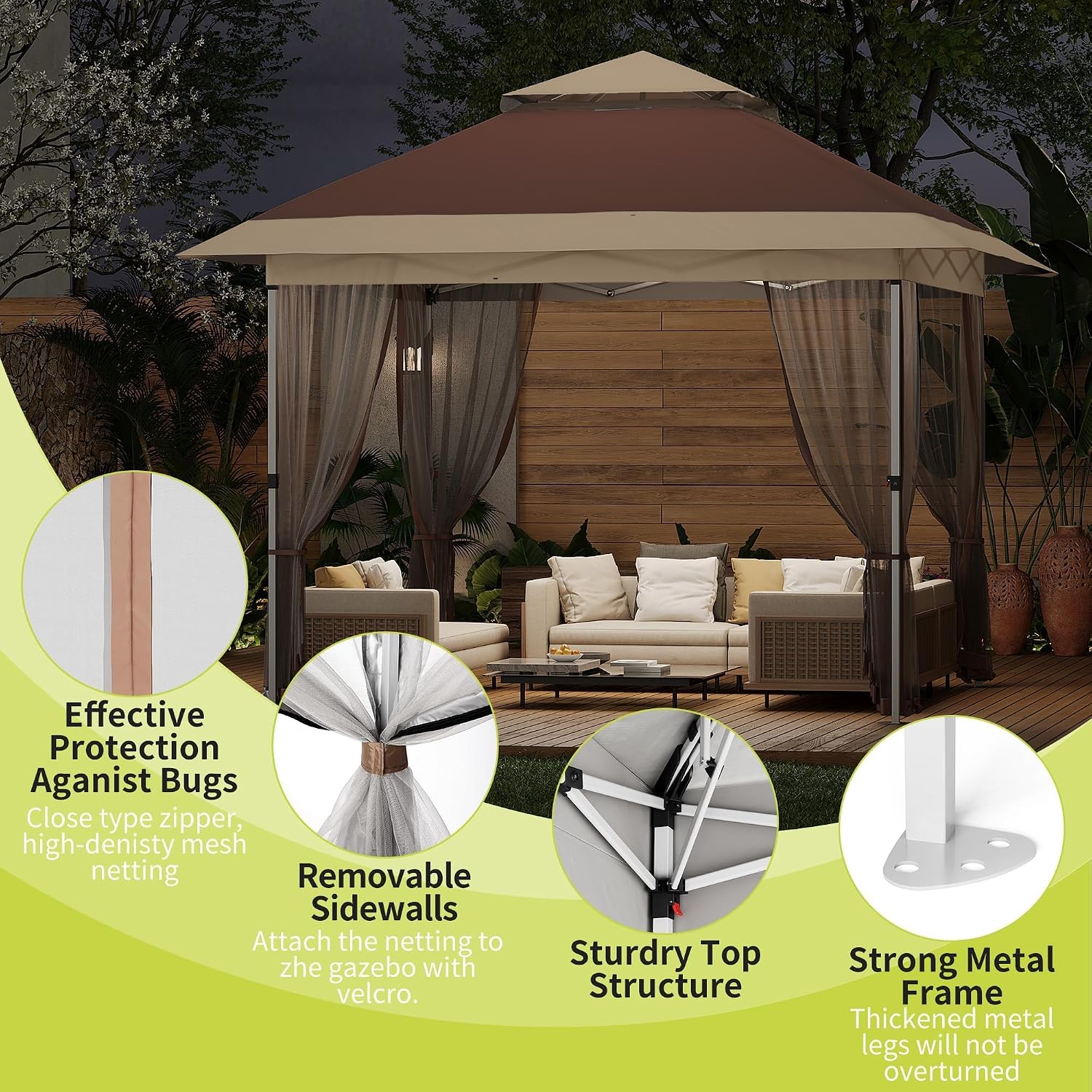 12x12 Pop Up Canopy - Outdoor Gazebo Tent with Mosquito Netting & Curtains, Adjustable Height, Includes Wheeled Carry Bag for Patio/Garden/Backyard (Deep Brown & Khaki)