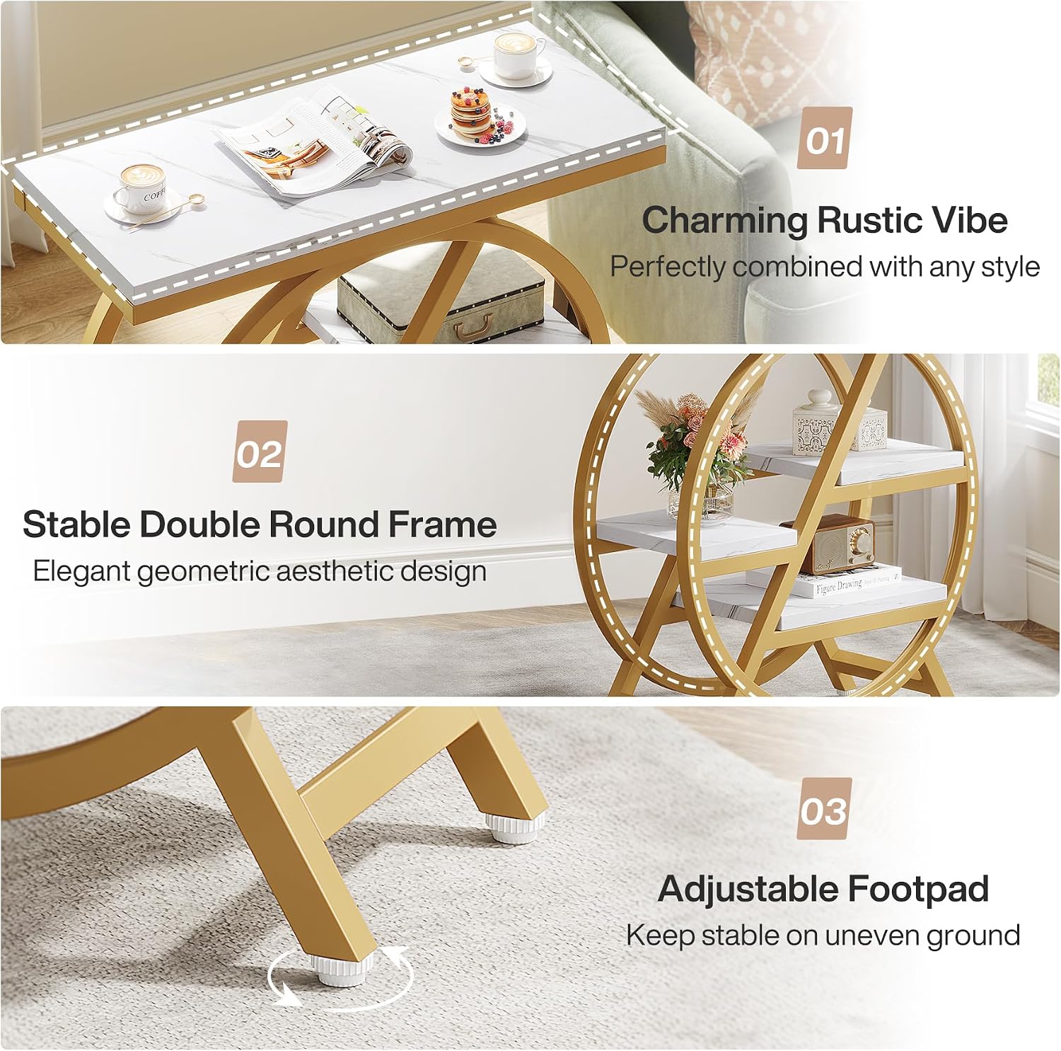 Tribesigns End Table Set of 2, Modern Faux Marble Side Table for Living Room, 3 Tier Narrow Sofa Side Table with Storage and Metal Frame, Nightstand and Bedside Table for Bedroom, Gold & White