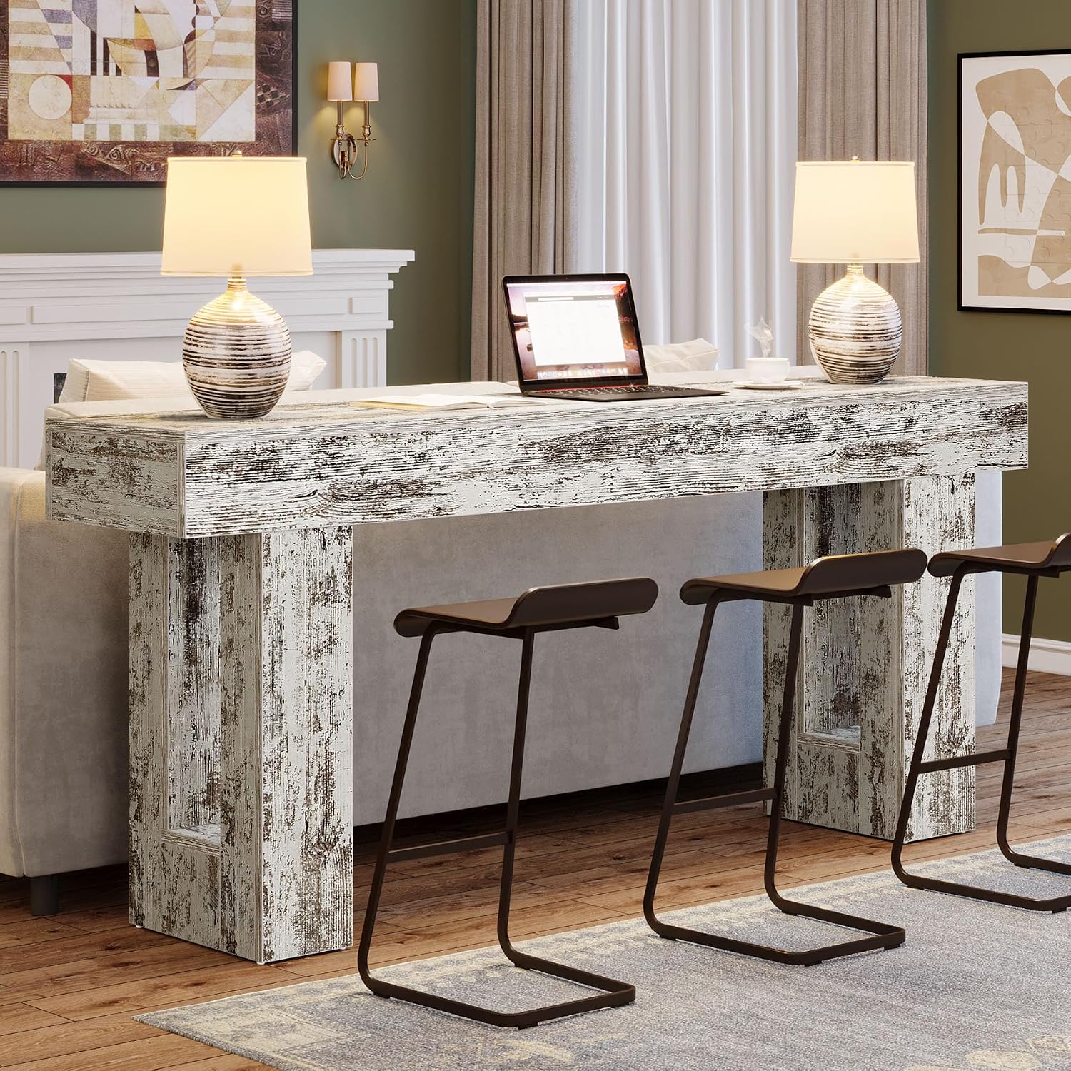 Tribesigns 63-Inch Long Console Table, Farmhouse Wooden Sofa Table Behind The Couch, Narrow Entryway Table for Entrance, Hallway, Living Room (Distressed White)
