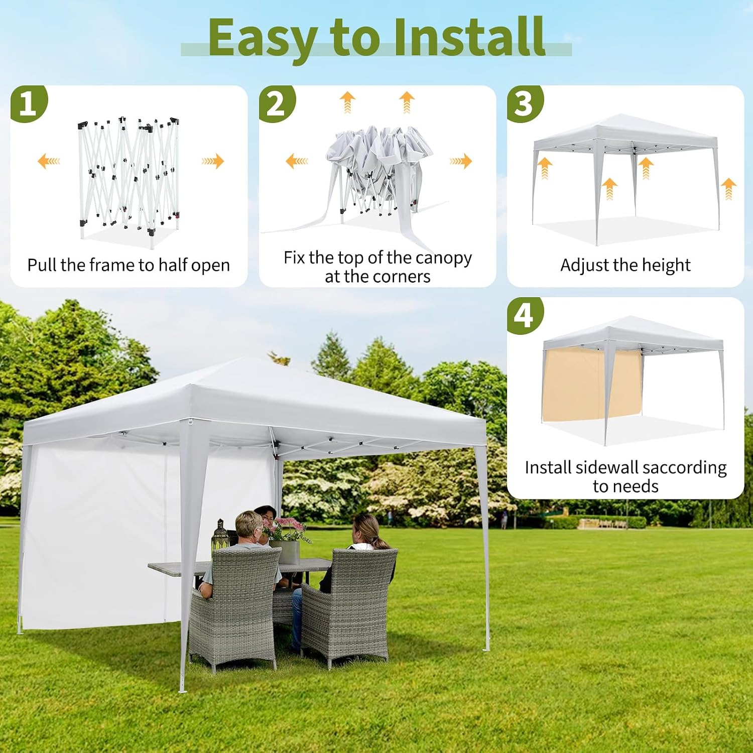 10x10 Pop Up Canopy with 4 Sidewalls, Outdoor Portable Instant Canopy Tent, Waterproof Pop Up Tent, Versatile Gazebo for Camping, Outdoor Parties, Backyard,Beach Activities,White