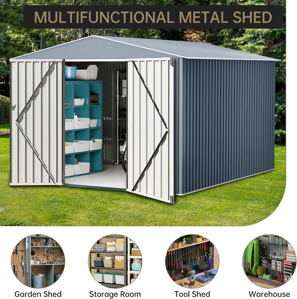 Large Metal Storage Shed, 10x10 FT Outside Storage Shed, Outdoor Storage Tool Shed with Lockable Doors and Air Vents, Garden Sheds for Backyard