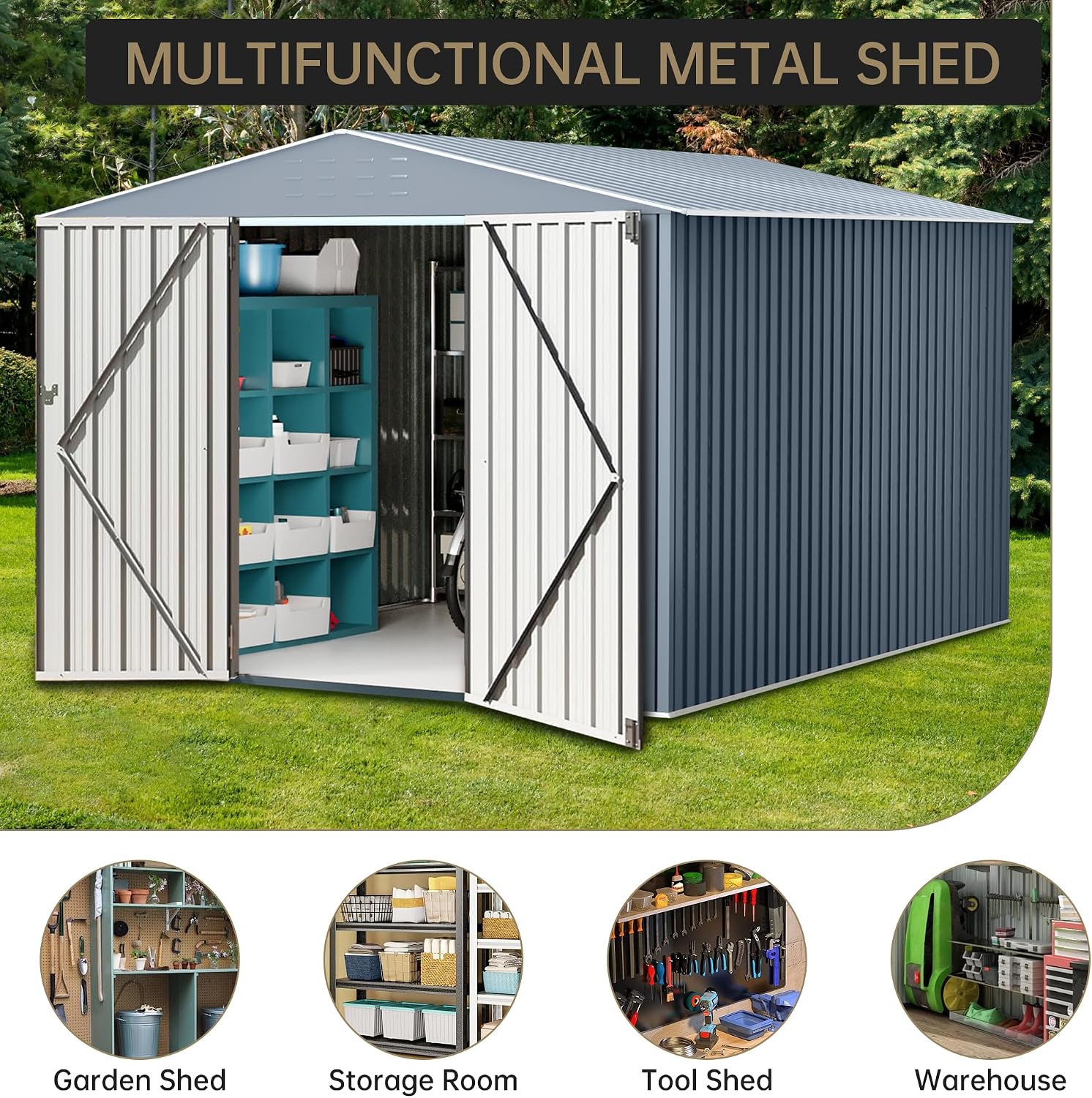 Large Metal Storage Shed, 10x10 FT Outside Storage Shed, Outdoor Storage Tool Shed with Lockable Doors and Air Vents, Garden Sheds for Backyard