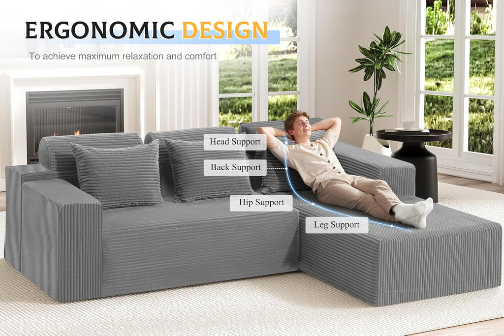 Homguava Modular Sectional Couches for Living Room,105' Cloud Couch with L-Shape Chaise,Comfy Sofa Living Room Sofas with Deep Seat,No Assembly L Couch,Corduroy Fabric(Light Grey,R)