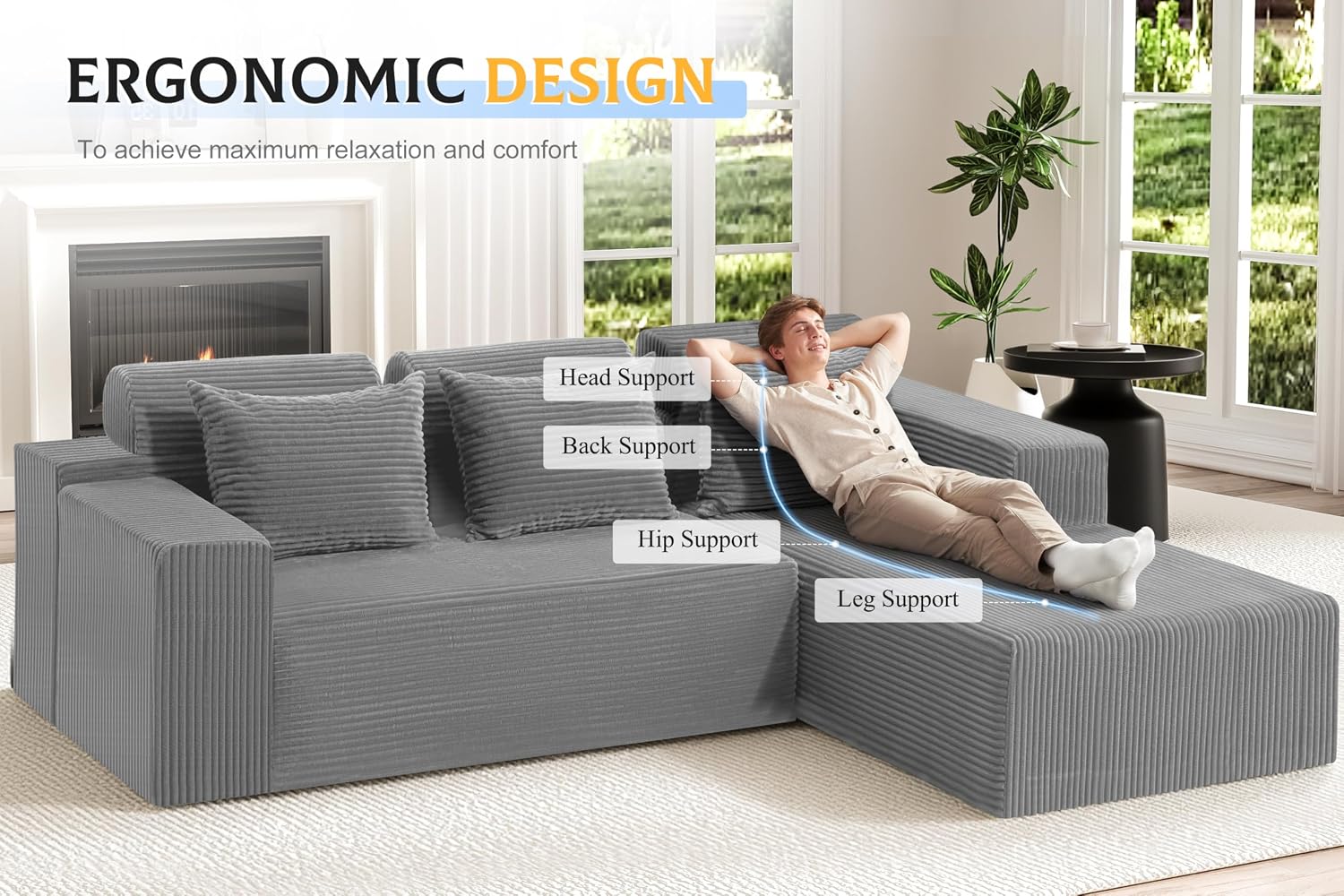 Homguava Modular Sectional Couches for Living Room,105' Cloud Couch with L-Shape Chaise,Comfy Sofa Living Room Sofas with Deep Seat,No Assembly L Couch,Corduroy Fabric(Light Grey,R)