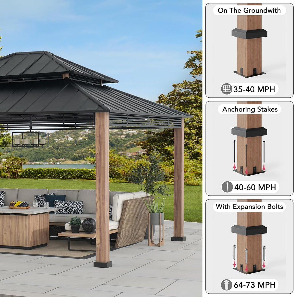 SUNJOY 13 x 15 ft. Hardtop Gazebo, Outdoor Patio Black Steel Frame Gazebo with 2-Tier Steel Roof,for Ultimate Outdoor Enjoyment, for All-Season Comfort