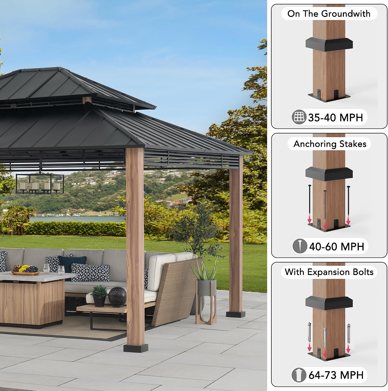 SUNJOY 13 x 15 ft. Hardtop Gazebo, Outdoor Patio Black Steel Frame Gazebo with 2-Tier Steel Roof,for Ultimate Outdoor Enjoyment, for All-Season Comfort