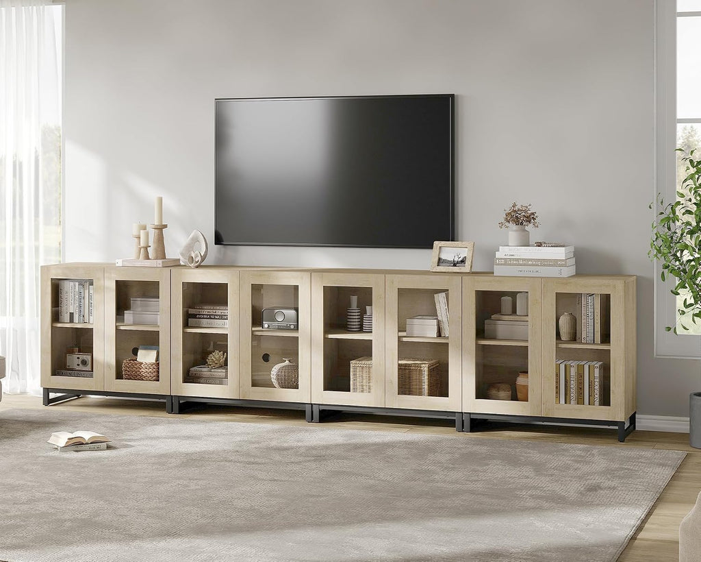 WAMPAT Modern TV Stand with Glass Doors for 80-120 inch TVs, 4 in 1 Entertainment Center Console with Adjustable Shelves and Metal Base for Living Room, Bedroom, Beige