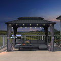 PURPLE LEAF 08'x12' Hardtop Outdoor Patio Gazebo with Lights UV Protected Aluminum Double Roof Galvanized Steel Frame Includes Netting and Curtains for Deck Garden Backyard Grey