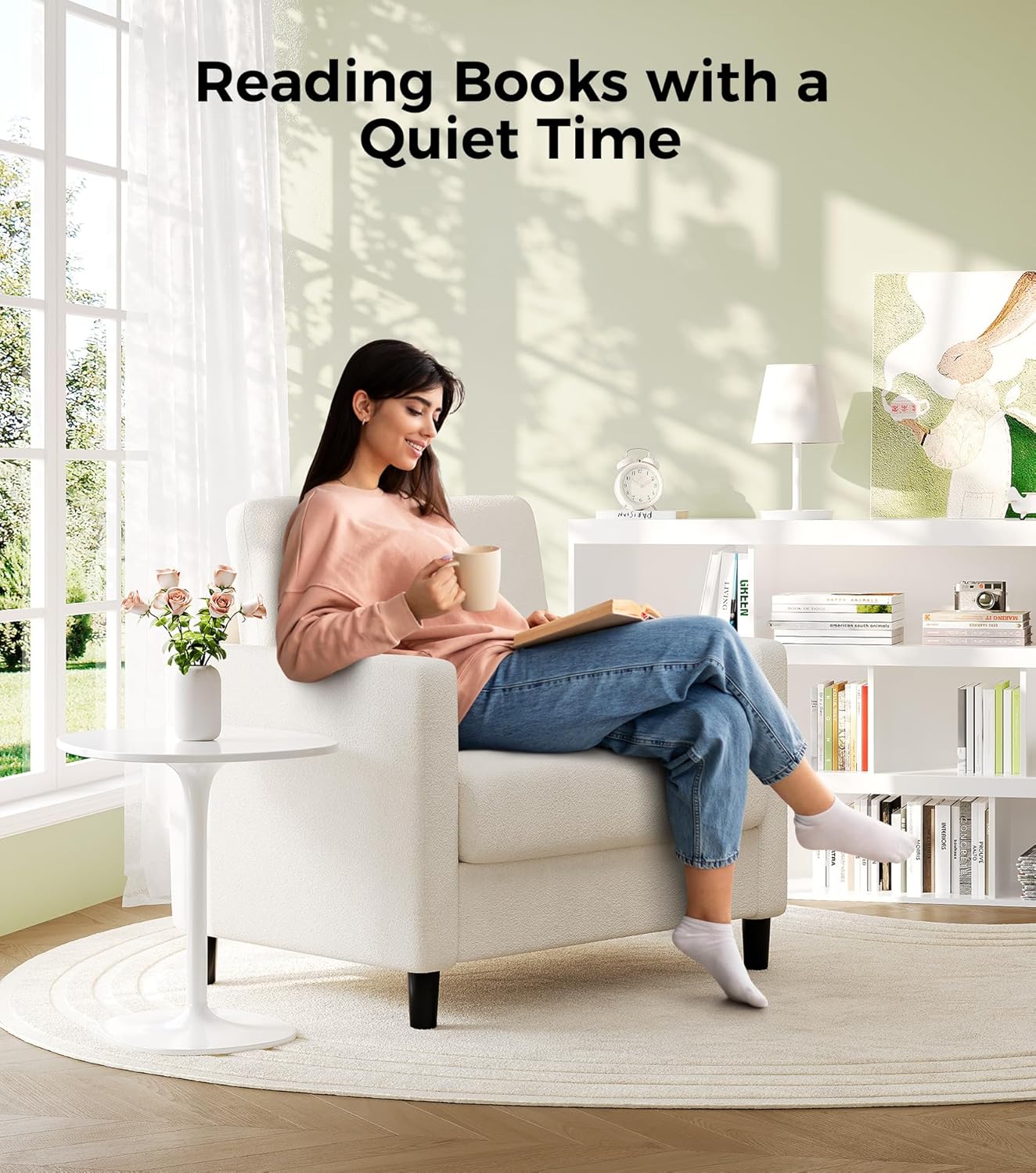 Welzona Sofa Accent Chair, 33' Reading Chair for Bedroom, Tool-Free Setup Living Room Accent Chairs, Comfy Arm Chairs Living Room, All-Wood Reading Nook, Cream White