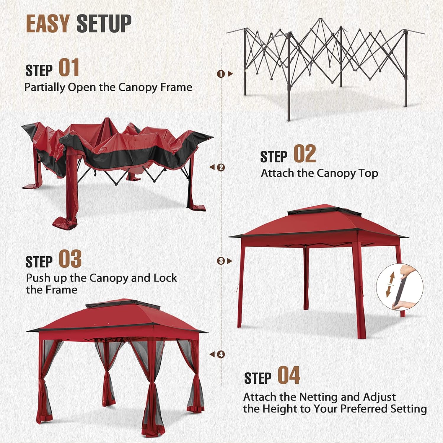 11x11 Pop Up Gazebo Tent with Mesh Netting, Instant Outdoor Canopy with UPF 50+ UV Protection, Water Resistant, Red