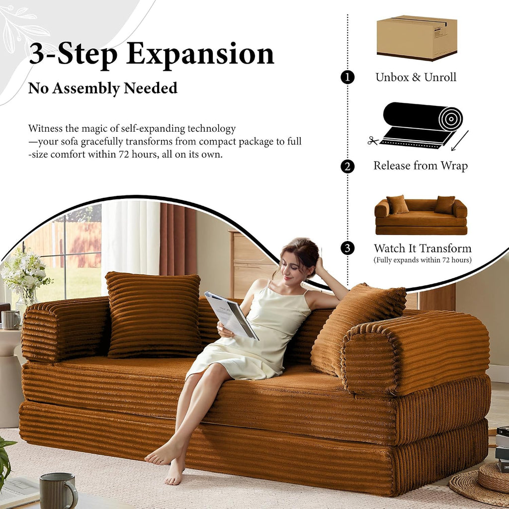 Boneless Couch Futon Sofa Bed Sectional Couches for Living Room,Cloud Couch with Sleeper Sofa,Sofas for Living Room Oversized Corduroy Upholstered (Orange, 76 Inches (No Iron Frame))