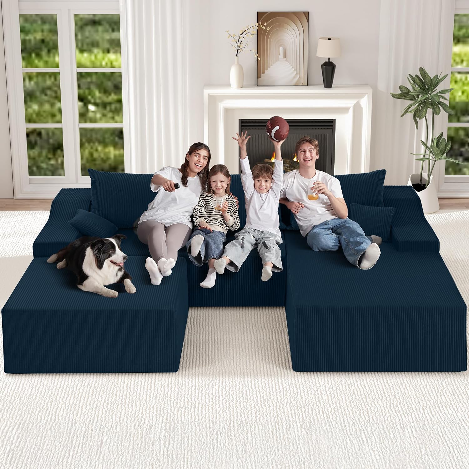 HABUTWAY U Shaped Modular Sectional Couch for Living Room, Modular Cloud Sofa with Ottoman, No Assembly Boneless Couches with Deep Seat, Corduroy Fabric (Blue, Right Facing)