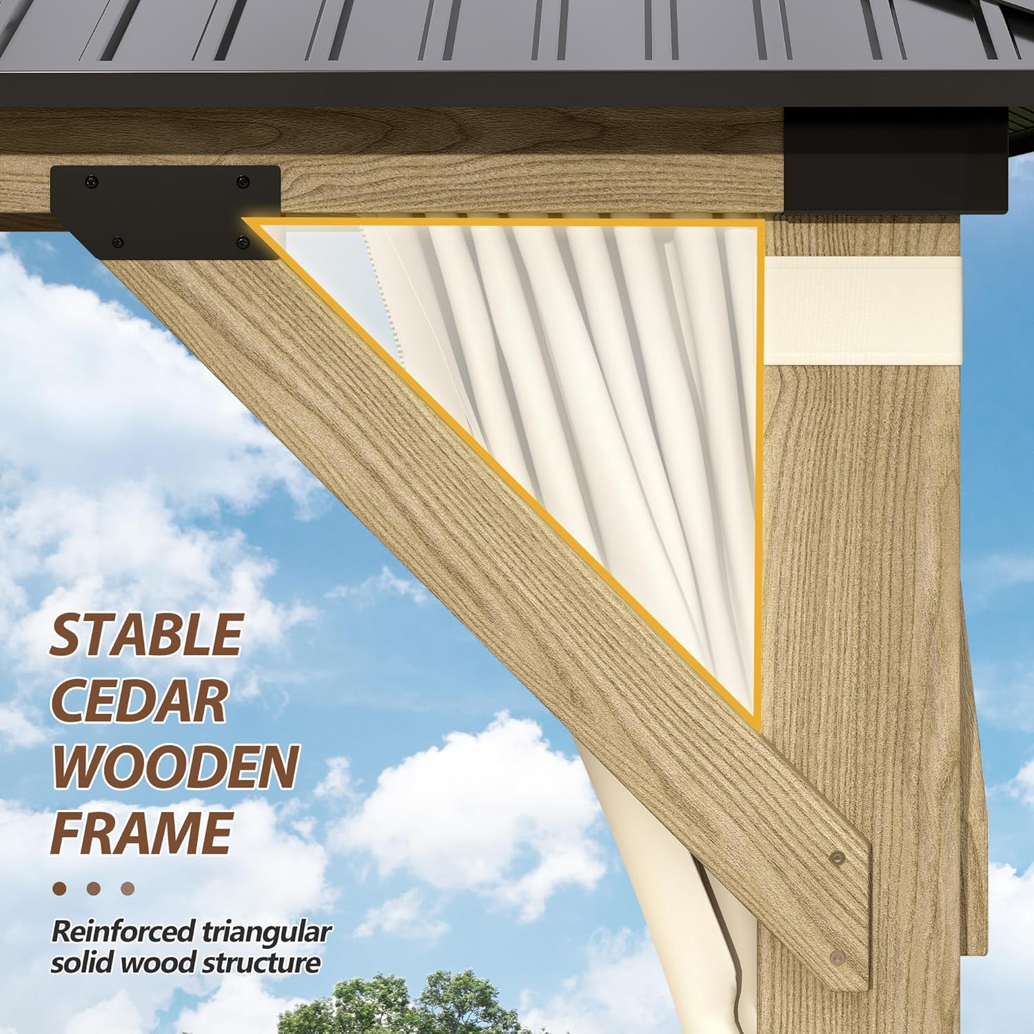 11'x13' Wood Gazebo,Outdoor Hardtop Gazebo with Galvanized Steel Doule Roof, Wooden Frame Gazebo with Netting and Curtains for Patio Backyard Deck