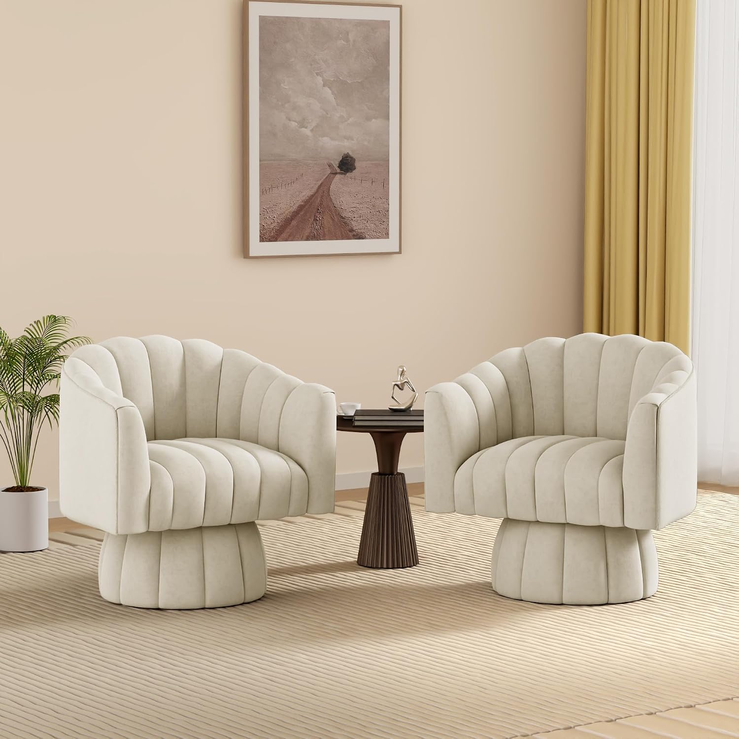 Dewhut Swivel Accent Chair Set of 2, 360° Swivel Barrel Chair with Armrest, Velvet Upholstered Single Sofa Reading Chair for Living Room,Bedroom,Waiting Room(Beige-2)