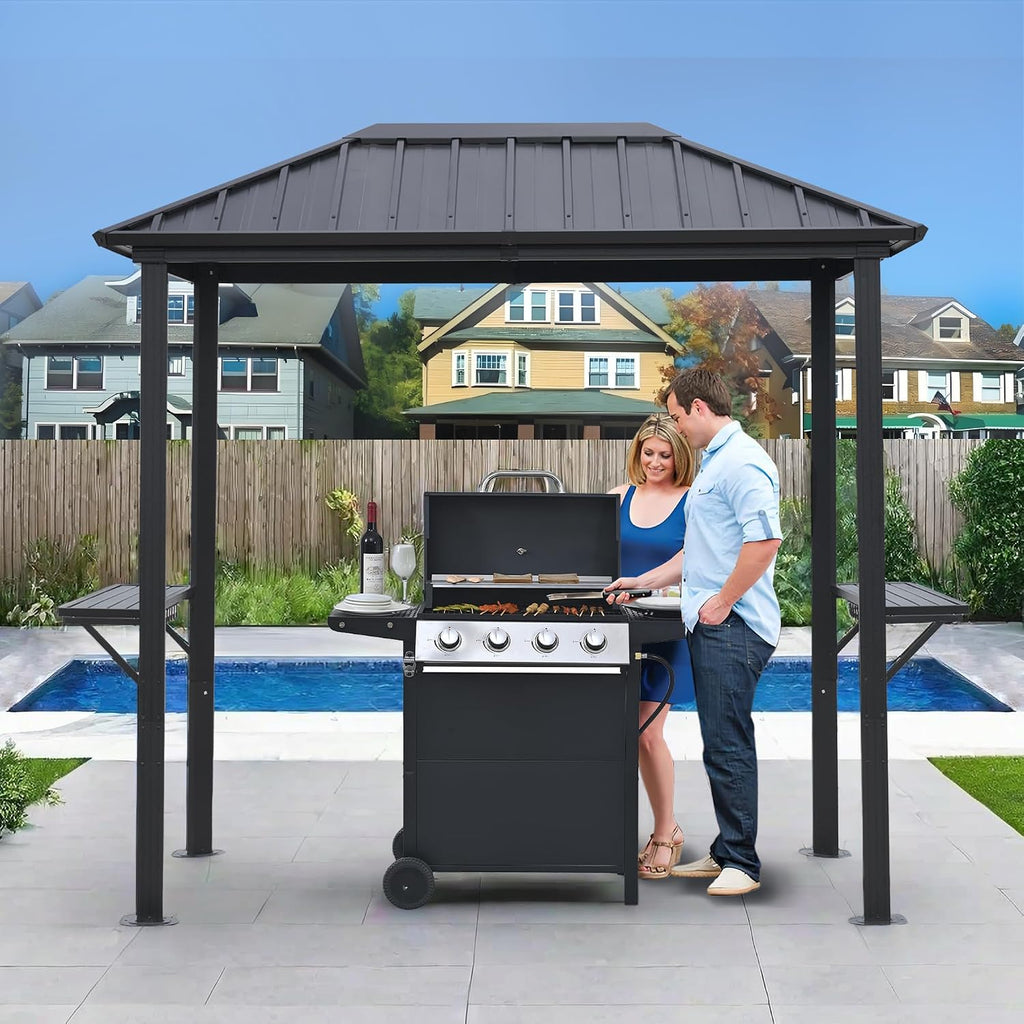 5x8ft Hardtop Grill Gazebo, Outdoor Gazebo for Grill with Sturdy Aluminum Frame & Shelves, Permanent Galvanized Steel Pavilion for Patio, Backyard, Lawn, Garden