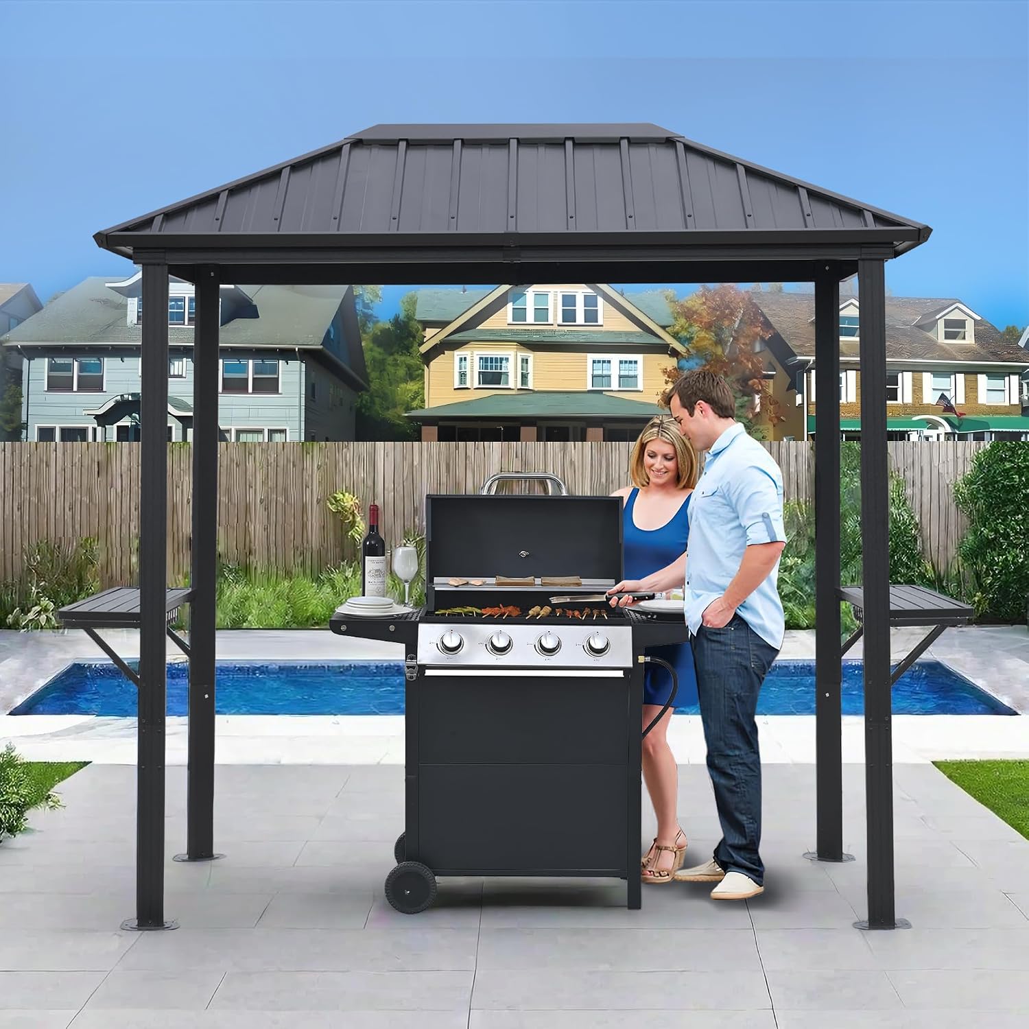 5x8ft Hardtop Grill Gazebo, Outdoor Gazebo for Grill with Sturdy Aluminum Frame & Shelves, Permanent Galvanized Steel Pavilion for Patio, Backyard, Lawn, Garden