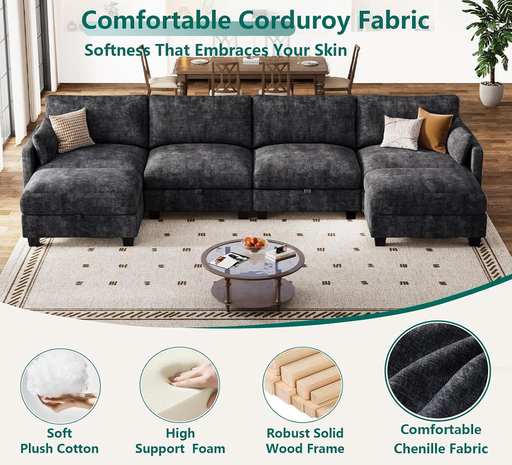 Modular Sectional U Shaped Sofa Couches for Living Room, Cloud Couch with Storage Ottoman, Comfy Chenille Sofa with Pillow, Black