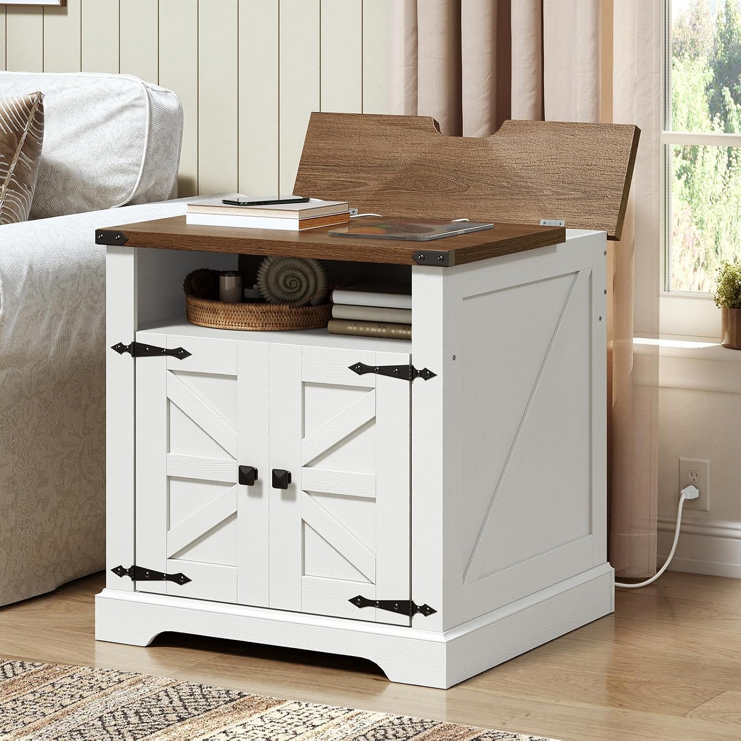 HOOBRO Farmhouse End Table with Charging Station, 23.6' Large End Tables for Living Room, Sofa Side Table with Barn Door, Wooden Square Nightstand Bedside Table, Flip Top, White and Walnut WH601UBZ01