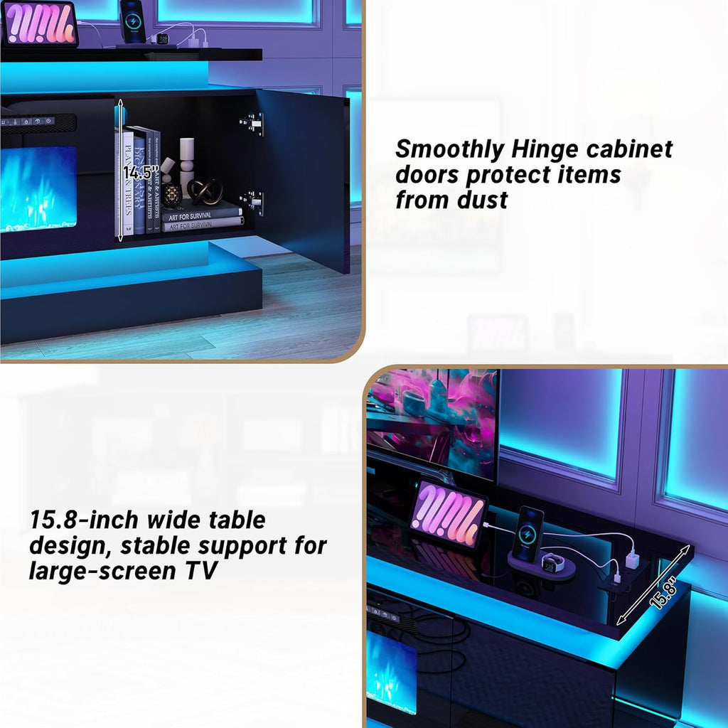 chartustriable 71IN LED TV Stands w/40 inch Fireplace Power Outlet for 85/80/75 Inch TVs,High Glossy Modern TV Media Console Gaming with 2 Storage Cabinets,Dual LED Lights,Black