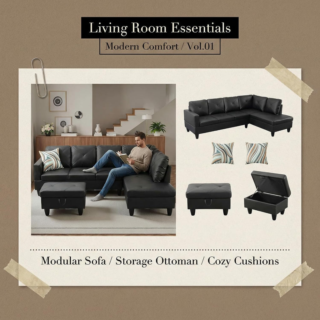 97' L Shaped Couch Set Leather, Modular Sectional Couches for Living Room with Storage Ottoman, 4 Seat Home Sofa Living Room Furniture Sets with Chaise for Apartment Office (Black)