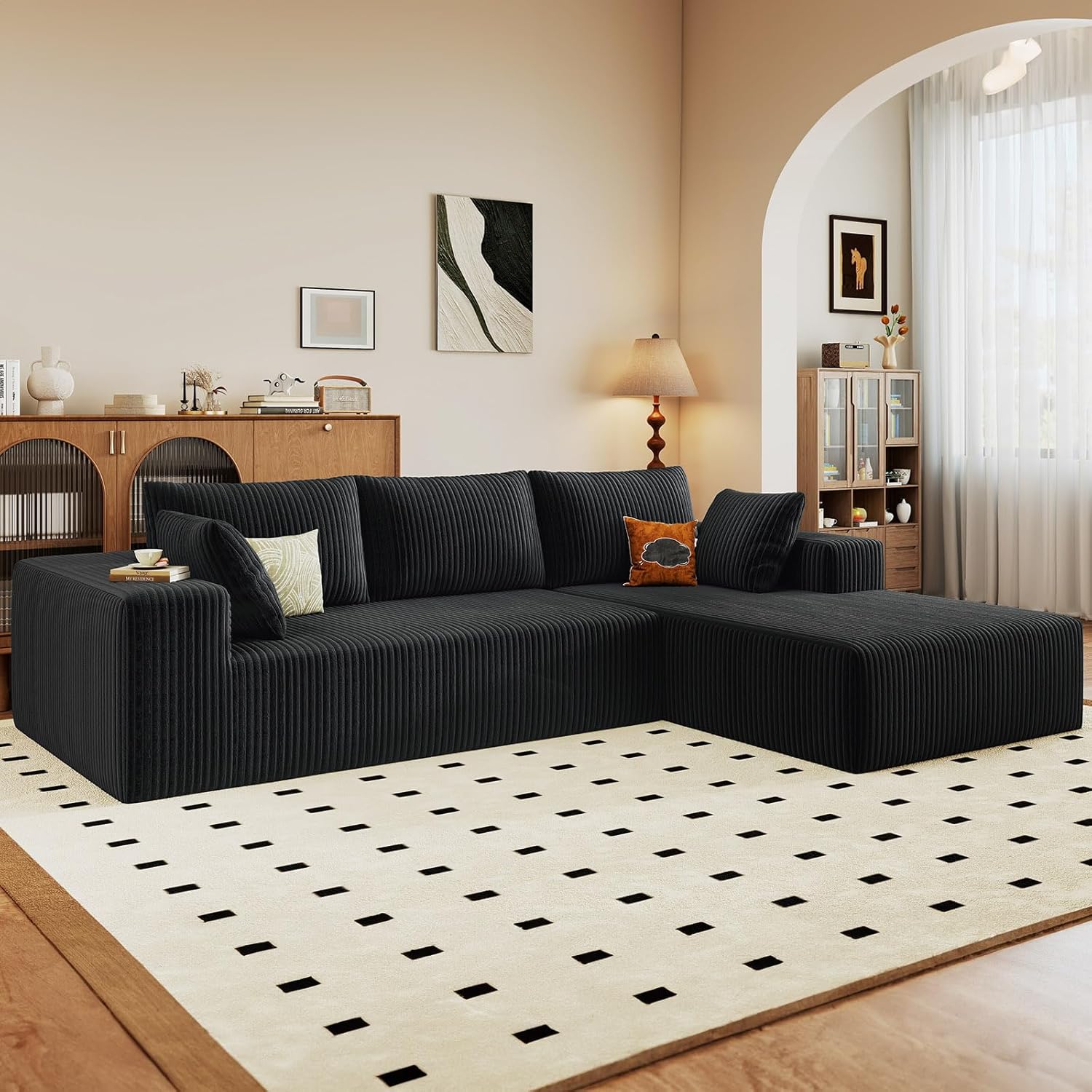 96' Modular Sectional Sofa, Modern Corduroy Cloud Couch with Deep Seat, Boneless Couch Upholstered 3-Seater L-Shaped Sofa for Living Room, No Assembly Required (Black, Right-Facing Chaise)