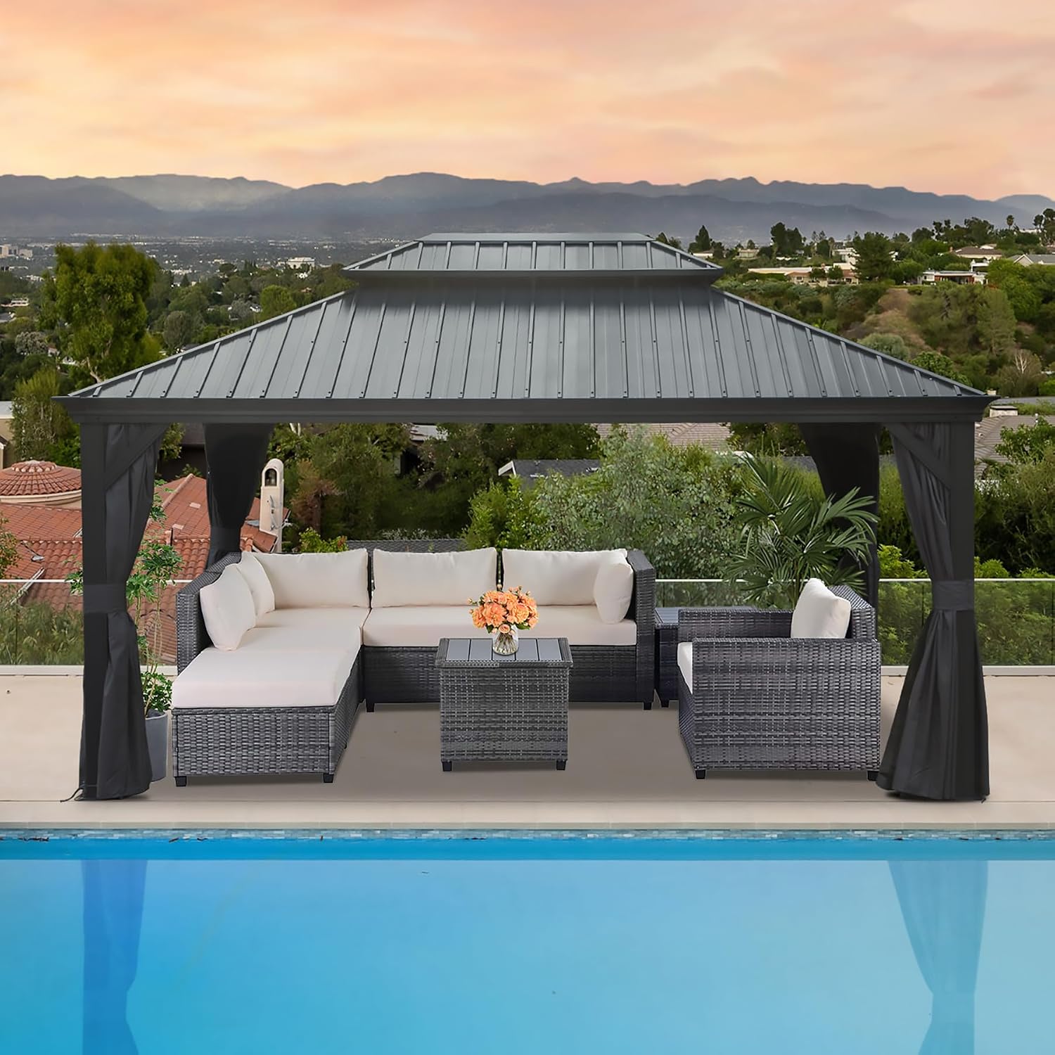 Domi Hardtop Gazebo 12x14FT, Outdoor Gazebo with Galvanized Steel Double Roof, Aluminum Frame, Built-in Gutter System, Curtain and Netting, Metal Gazebo Pavilion for Patio Deck Garden, Grey