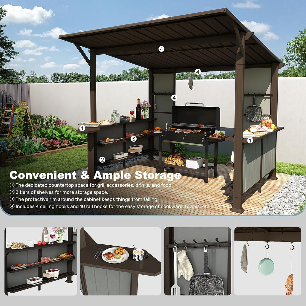 Domi 9x10FT Grill Gazebo Hardtop, BBQ Gazebo for Outdoor Grill with Storage Shelves and Expansion Platform, Metal Permanent Lean-to Canopy for Patio Backyard Lawn, Brown