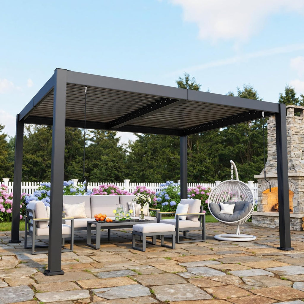 Kiss the Water 10'x12' Adjustable Louvered Pergola, Heavy-Duty Metal Outdoor Pergola, Metal Hardtop Gazebo with Adjustable Roof for Patio, Deck, Garden, Yard, Dark Gray