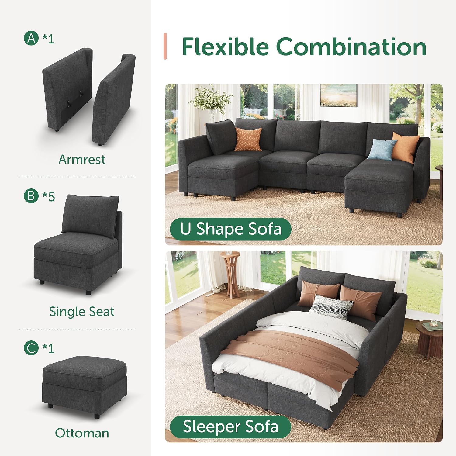 HONBAY Modular Sofa Sectional Sleeper Couch with Storage Modular Couch Convertible Couches for Living Room - Snowflake Velvet Grey