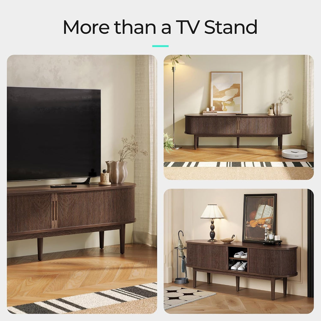 LINSY HOME Fluted TV Stand for 75' TV, Mid-Century Modern 70' Entertainment Center with Sliding Tambour Door and Storage Cabinet, Cruved TV Media Console Table for Living Room, Bedroom, Walnut