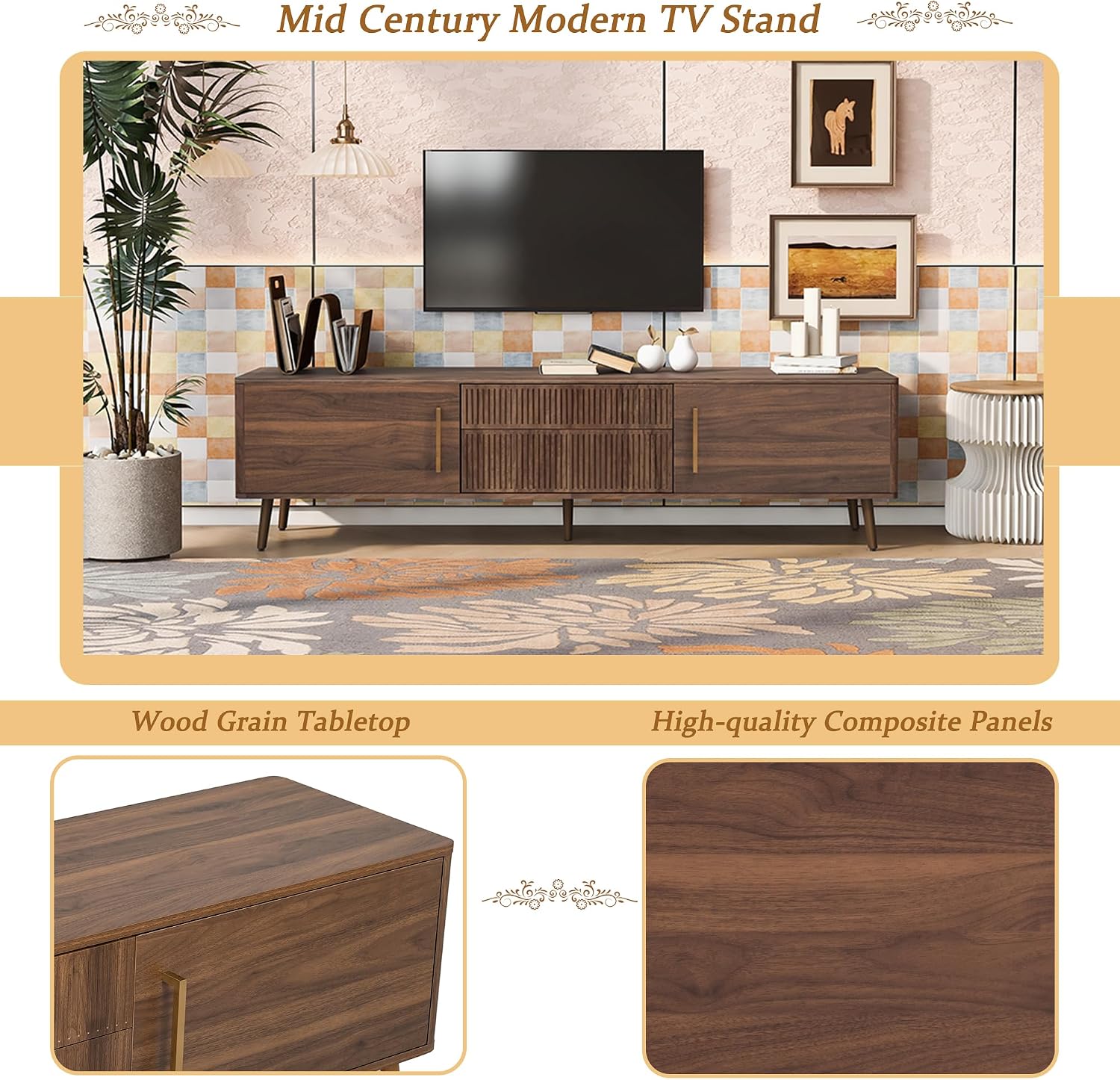 Merax 70.8' Mid Century TV Stand with 2 Drawers,Media Console Table for TVs up to 80'', Entertainment Center with Storage for Living Room, Bedroom, Home Theatre,Walnut