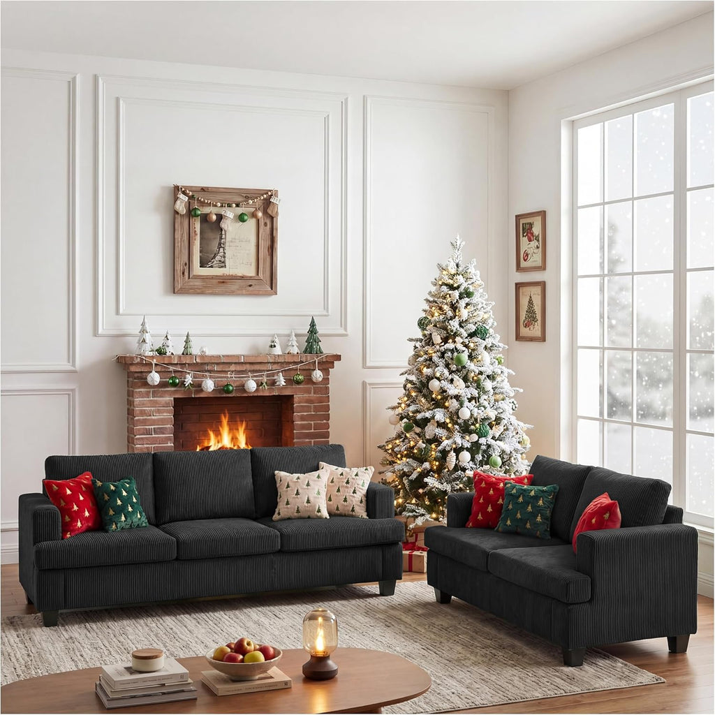 Apicizon Loveseat & 3 Seater Sofa Sets, 89' Couch Sofa Set for Living Room Furniture, 2 Piece Modern Sleeper Sofa with Deep Seat Cloud Couch for Apartment Lounge, Black Corduroy