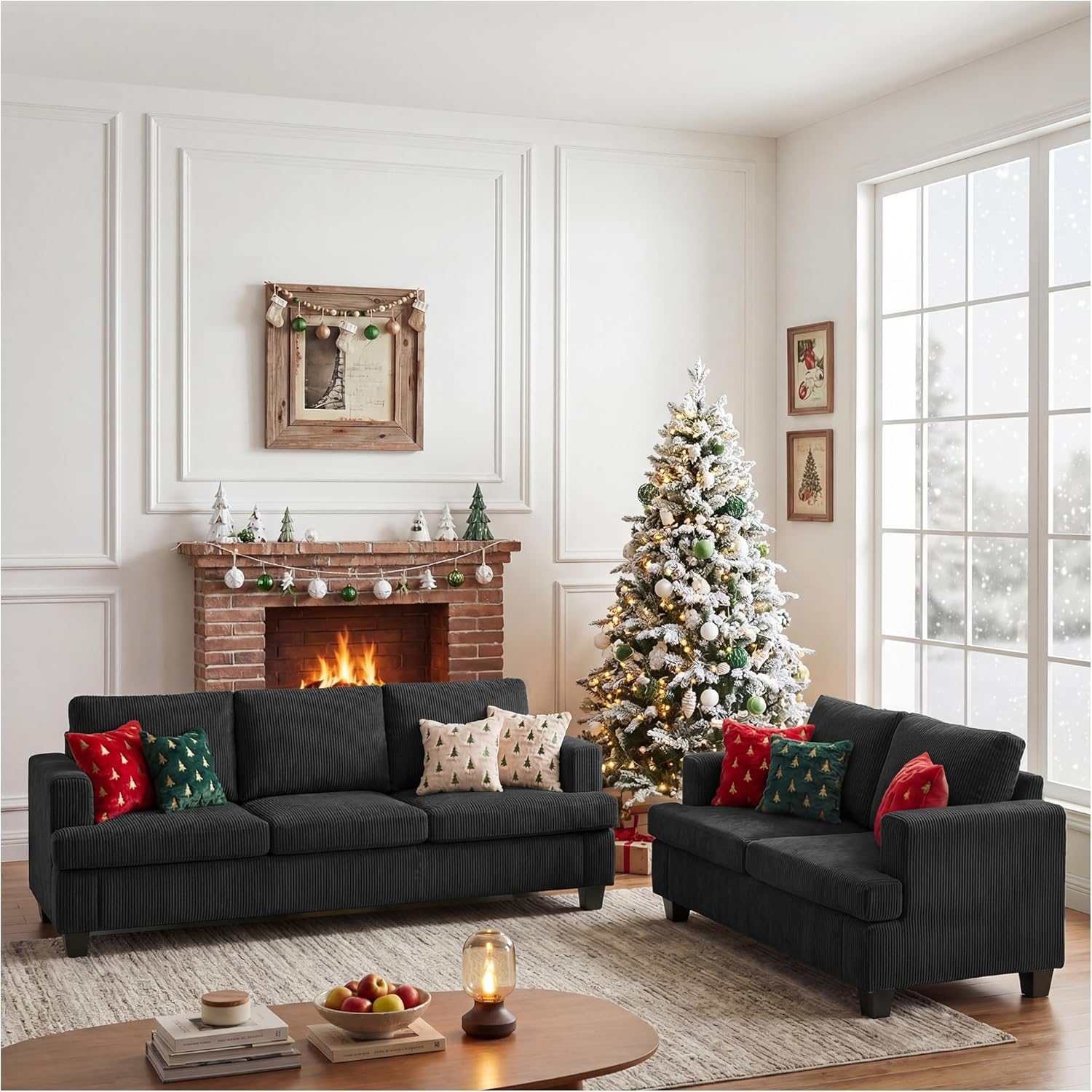 Apicizon Loveseat & 3 Seater Sofa Sets, 89' Couch Sofa Set for Living Room Furniture, 2 Piece Modern Sleeper Sofa with Deep Seat Cloud Couch for Apartment Lounge, Black Corduroy