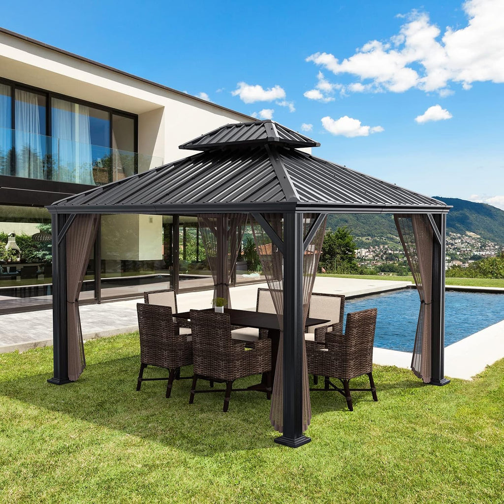 Tangkula 12ft x 10ft Hardtop Gazebo, 2-Tier Outdoor Gazebo w/Double Vented Roof & Central Hook, Galvanized Steel Frame Patio Sun Shelter for Lawn Backyard Poolside Deck (Brown)