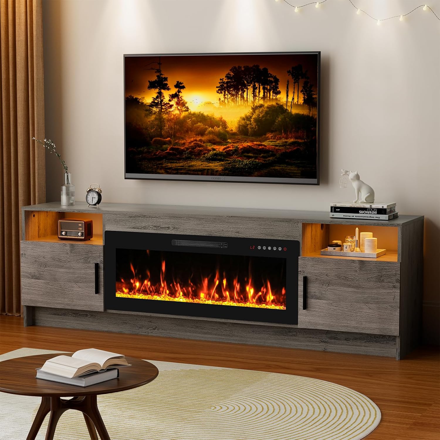 Kucreiheat Fireplace TV Stand for 65-80 inch TV, Large Entertainment Center with Fireplace & LED Lights,High Gloss Living Room Storage Cabinet, Grey, 70''(Crystal)