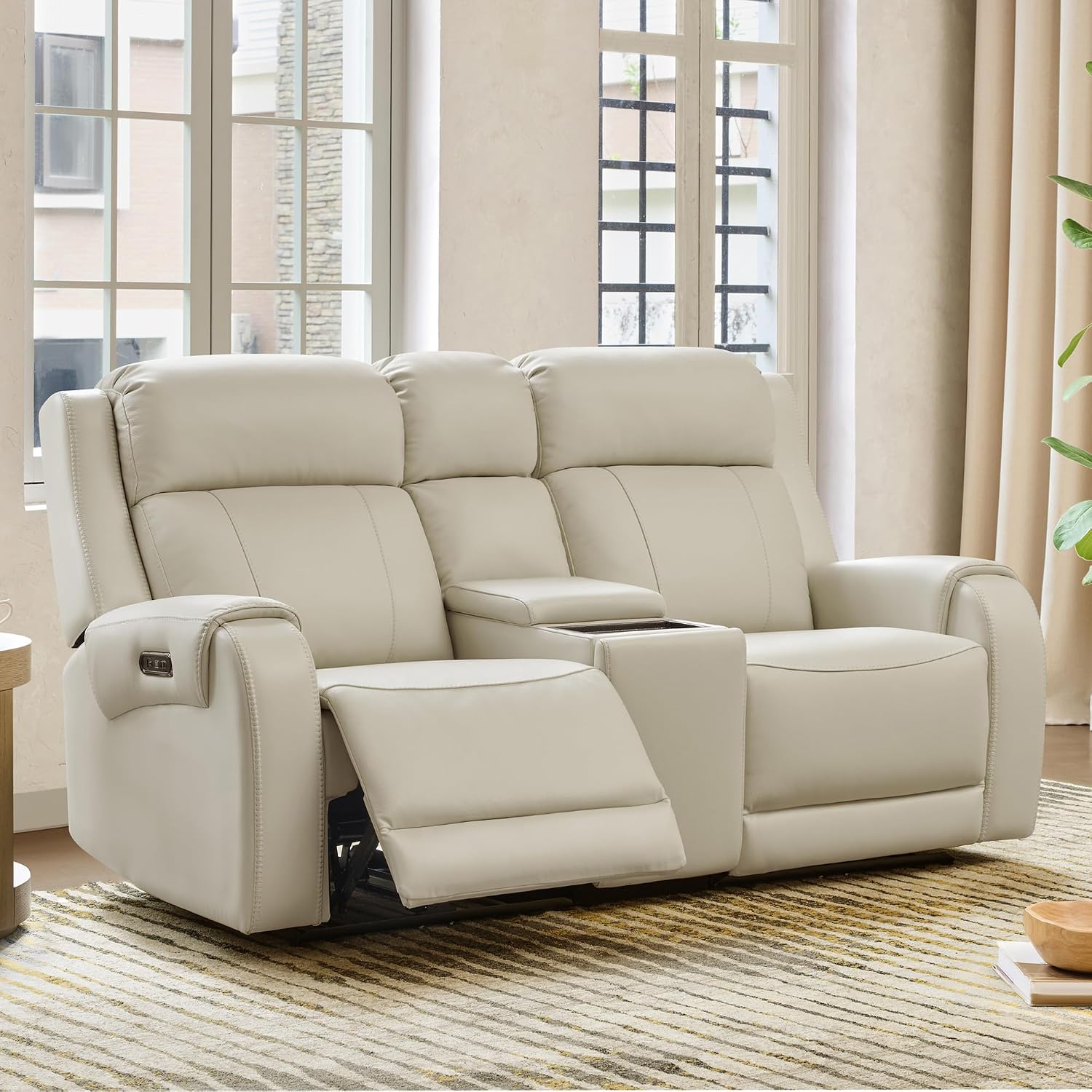 CHITA Genuine Leather Power Recliner Sofa, Wall Hugger Reclining Loveseat with Console, Power Headrest, Dual Motor, Wireless & USB Charging Ports, Recliner Couch for Living Room, RV, Leather in Cream