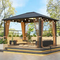 10'x12' Hardtop Gazebo, Permanent Metal Roof Gazebo with Galvanized Steel Frame & Single Roof, Outdoor Hard Top Gazebo with Nettings, Curtains and Hooks for Deck, Patio (Black)