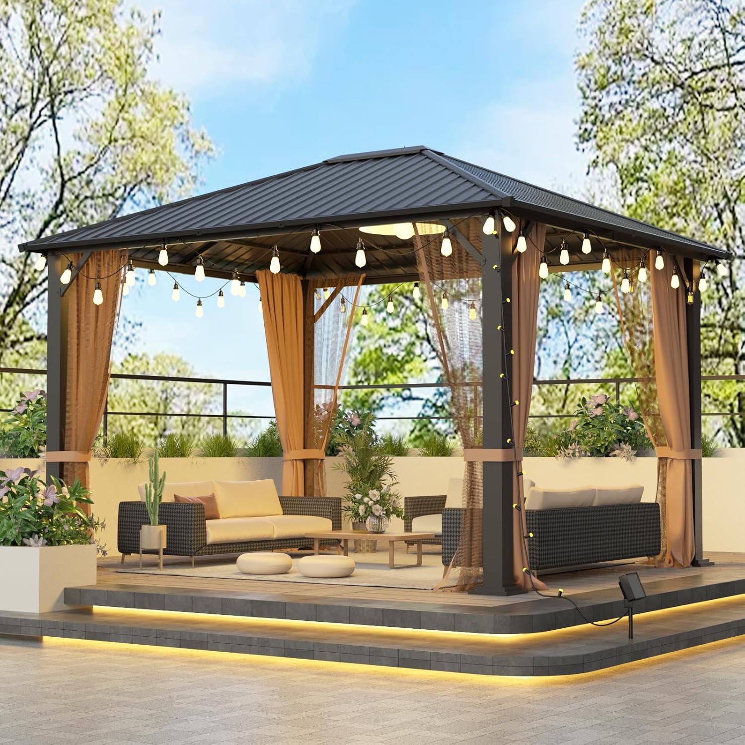 10'x12' Hardtop Gazebo, Permanent Metal Roof Gazebo with Galvanized Steel Frame & Single Roof, Outdoor Hard Top Gazebo with Nettings, Curtains and Hooks for Deck, Patio (Black)