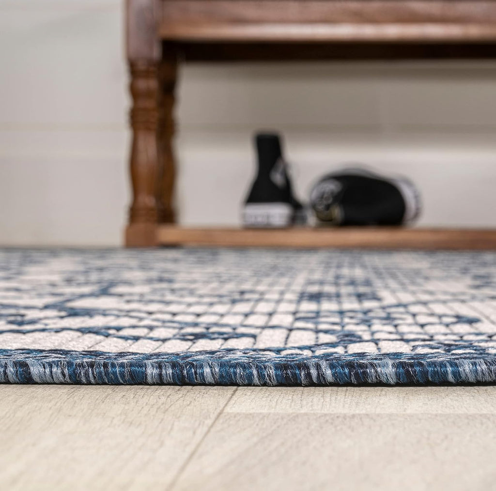JONATHAN Y Vintage Filigree Indoor Outdoor Area Rug 9X12 Blue/Cream, Madrid Textured Weave for Backyard, Patio, Porch, Easy-Cleaning, High Traffic, Pet-Friendly, Non-Shedding (SMB107F-9)