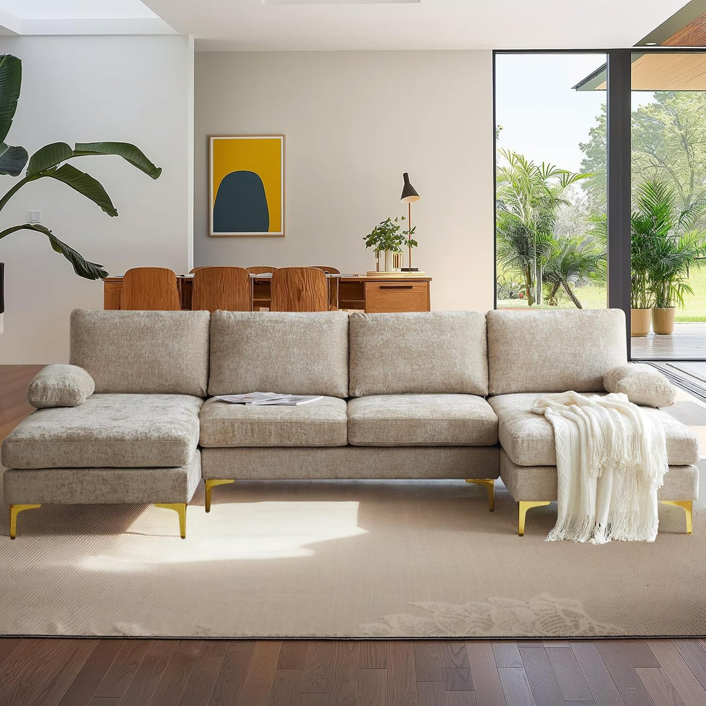 VINGLI 110' Large U-Shape Sectional Sofa Couch with 51' D Double Chaise for Living Room, Modern Sectional Couch Set with Soft 5.9' Thickness Seating Padding, Chenille Fabric,Metal Gold Legs(Khaki)