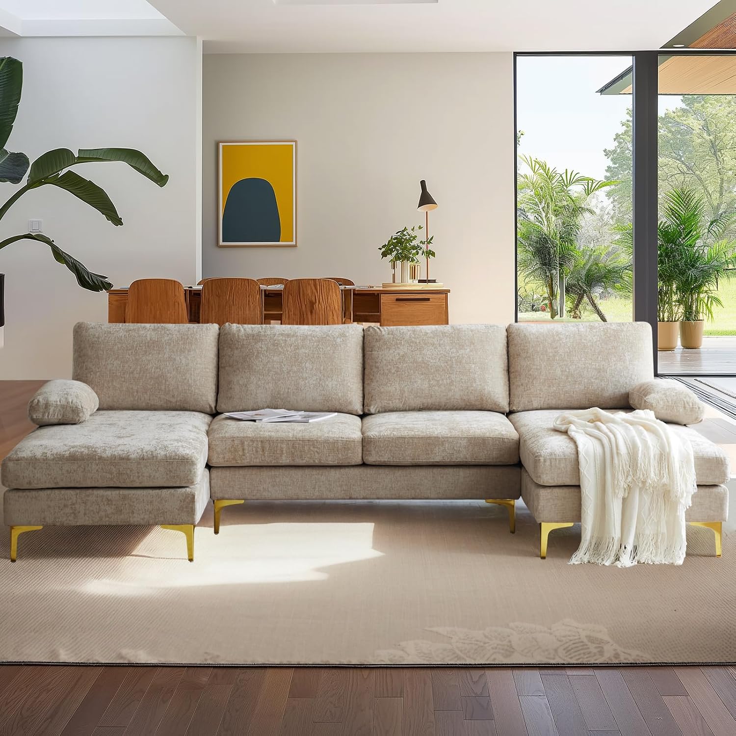 VINGLI 110' Large U-Shape Sectional Sofa Couch with 51' D Double Chaise for Living Room, Modern Sectional Couch Set with Soft 5.9' Thickness Seating Padding, Chenille Fabric,Metal Gold Legs(Khaki)