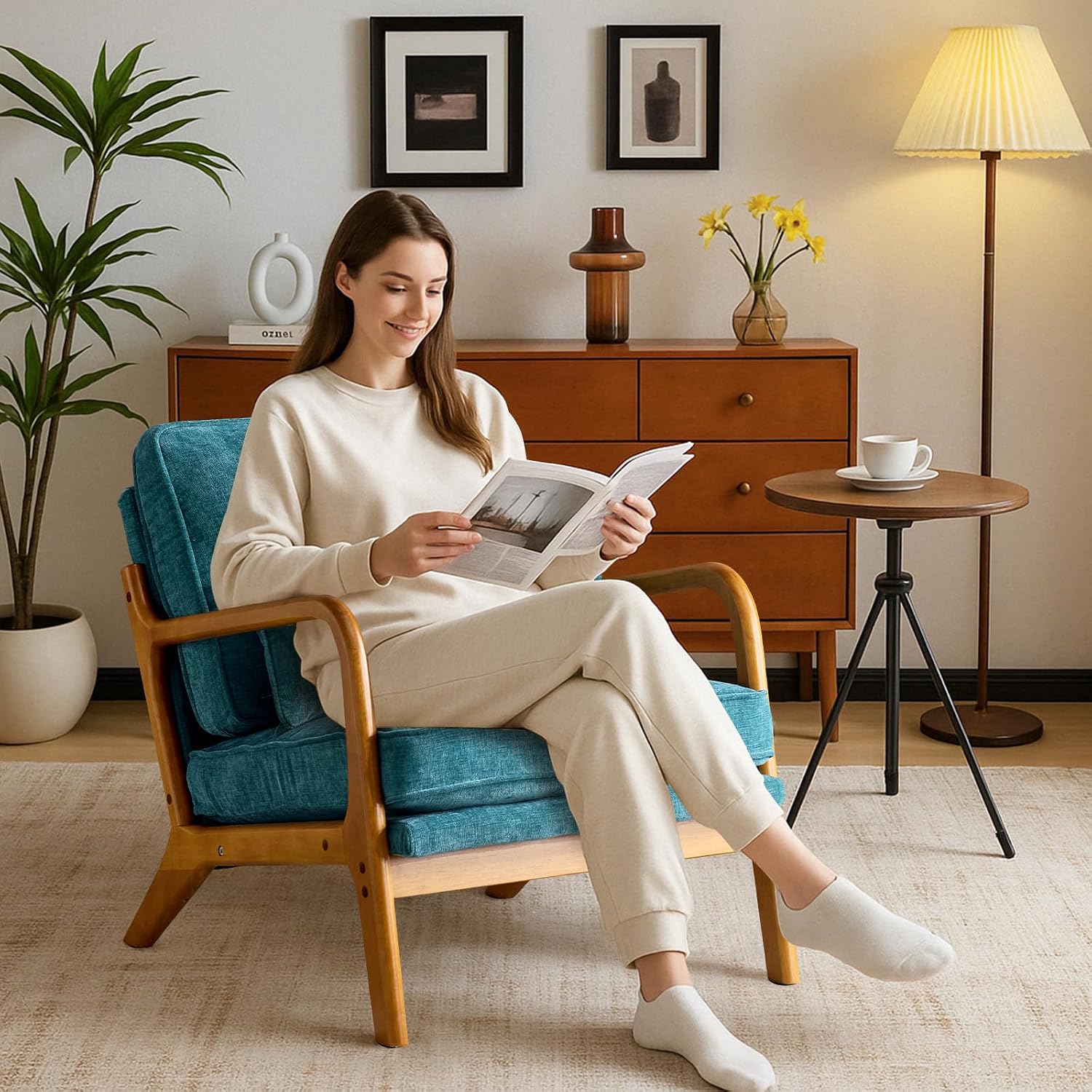 Karl home Mid Century Modern Accent Chair with Lumbar Pillow & Oak Arms – Plush Chenille Living Room Chair for Bedroom, Lounge (Teal)