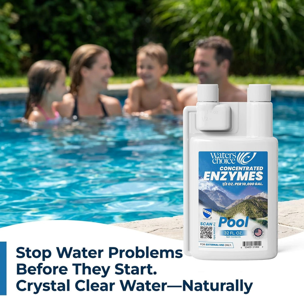 Waters Choice Weekly Pool Enzyme Concentrate 32 Ounce - Naturally Derived Pool Cleaner & Water Clarifier for Crystal Clear Pool Water - Reduce Chlorine Usage - No Scum or Odors