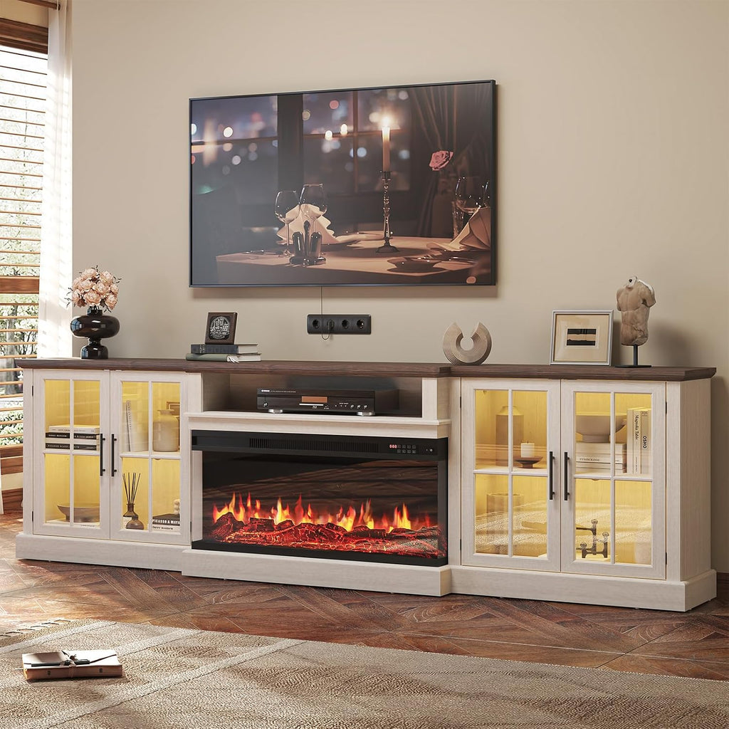 98' Farmhouse TV Stand with 36' Fireplace for TVs up to 100', Media Entertainment Center with Adjustable Shelves and Large Storage Cabinets, for Living Room, White & Black
