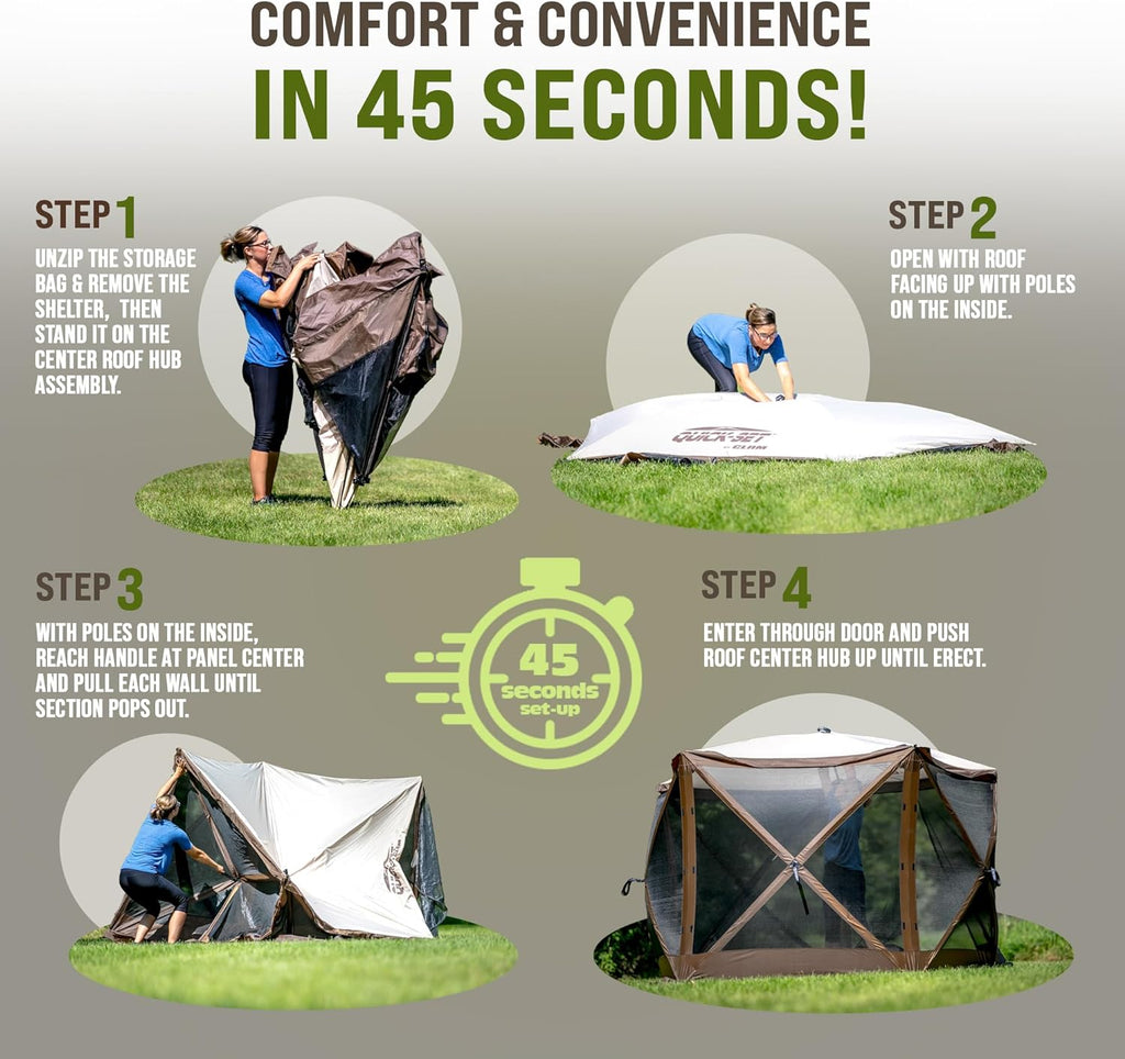 Clam Quick-Set Sky Screen Shelter – 8-Person Pop-Up Tent with Screened Roof for Airflow & Stargazing, 140' x 140', Brown, Instant Setup, Oversized Carry Bag – Camping, Tailgating, Outdoor Use