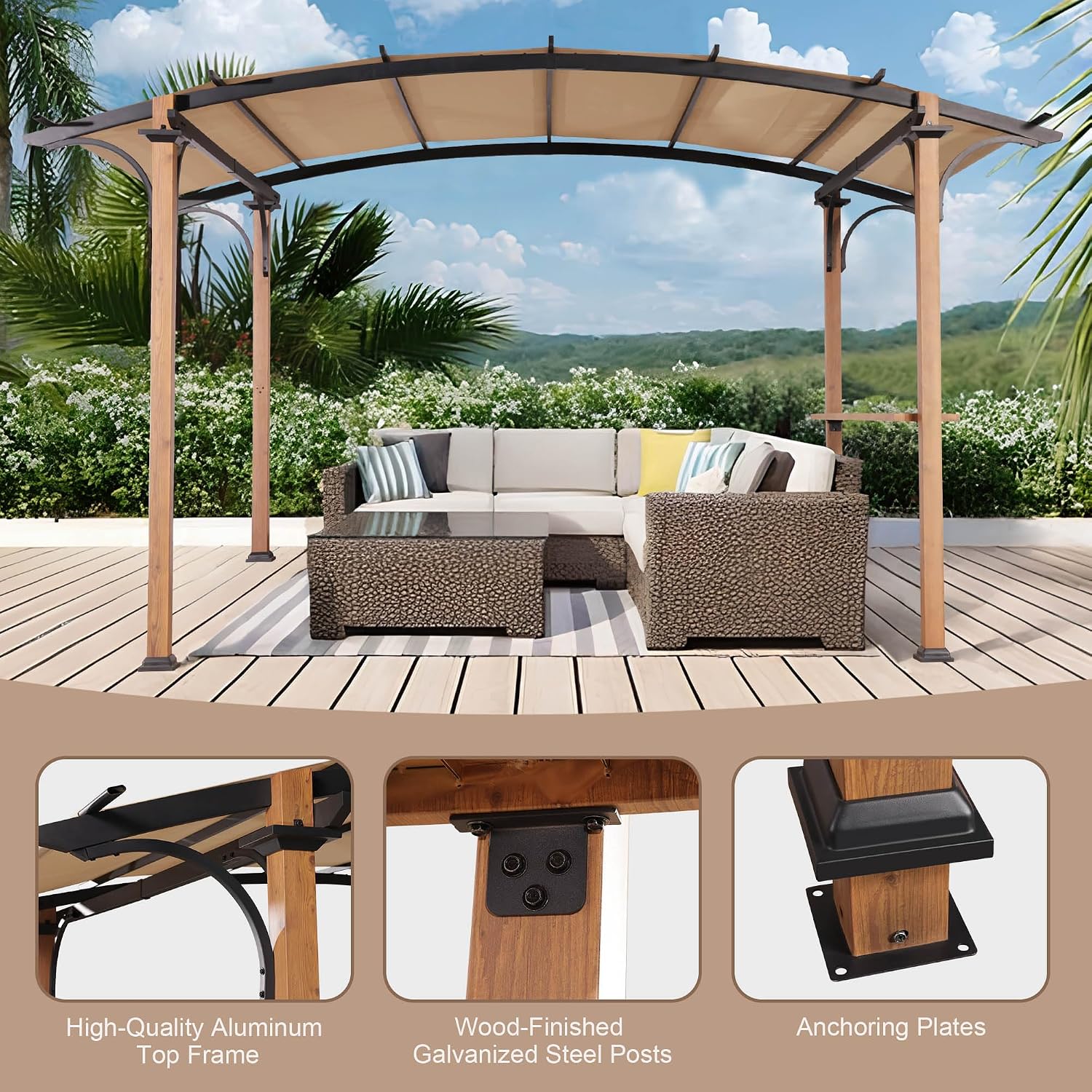 8.5' x 13' Outdoor Pergola, Metal Gazebo with Arched Top Canopy, Shelves, Bar Top, Natural Wood Looking Frame Pergola for Backyard, Garden, Patio.Beige