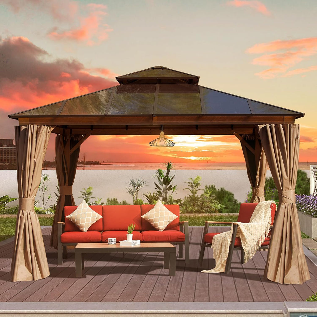 Domi Outdoor Living 12' x 12' Hardtop Gazebo, Wooden Coated Aluminum Frame Canopy with Polycarbonate Double Roof, Outdoor Permanent Metal Pavilion with Curtains and Netting for Patio, Deck and Lawn